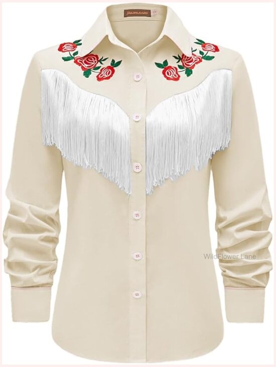 Tops - Western Cowgirl Fringe Shirt Long Sleeve Floral Embroidered Snap Collar Boho